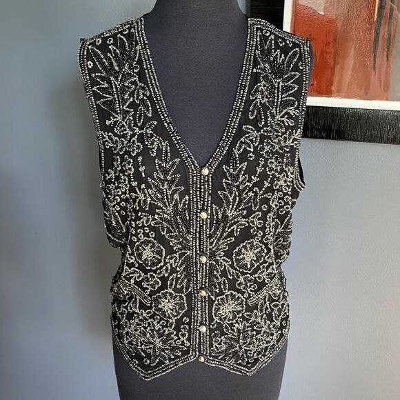 Other Destination vintage black beaded front boho style back tie vest. Small. - Picture 1 of 7